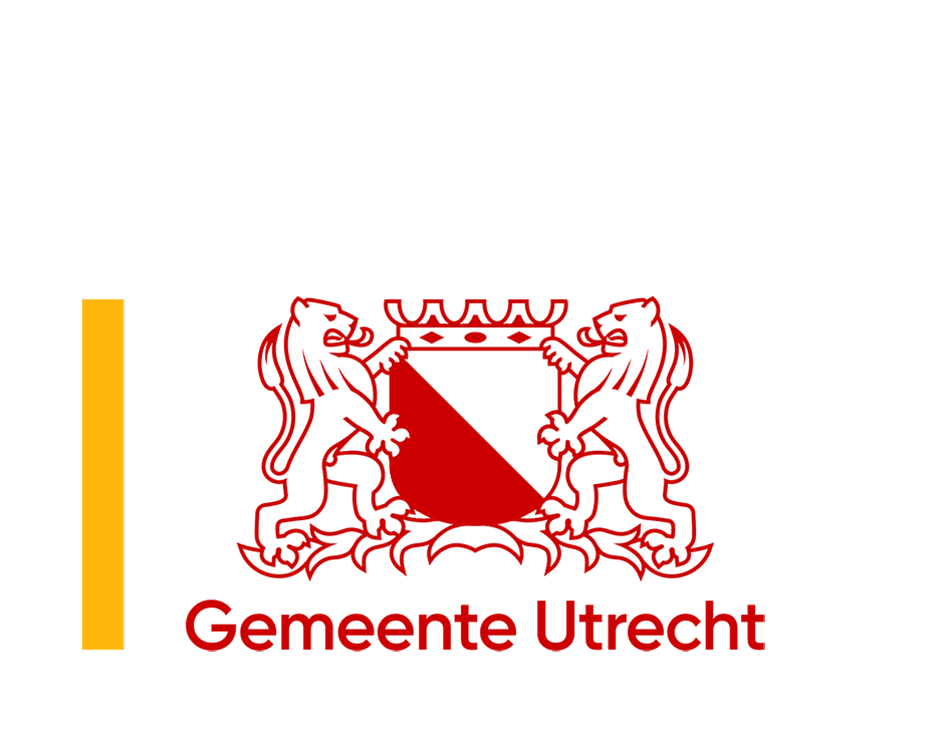Logo Gemeente Utrecht: oranje balk, rood-wit wapenschild met leeuwen en kroon, en de tekst 'Gemeente Utrecht'.