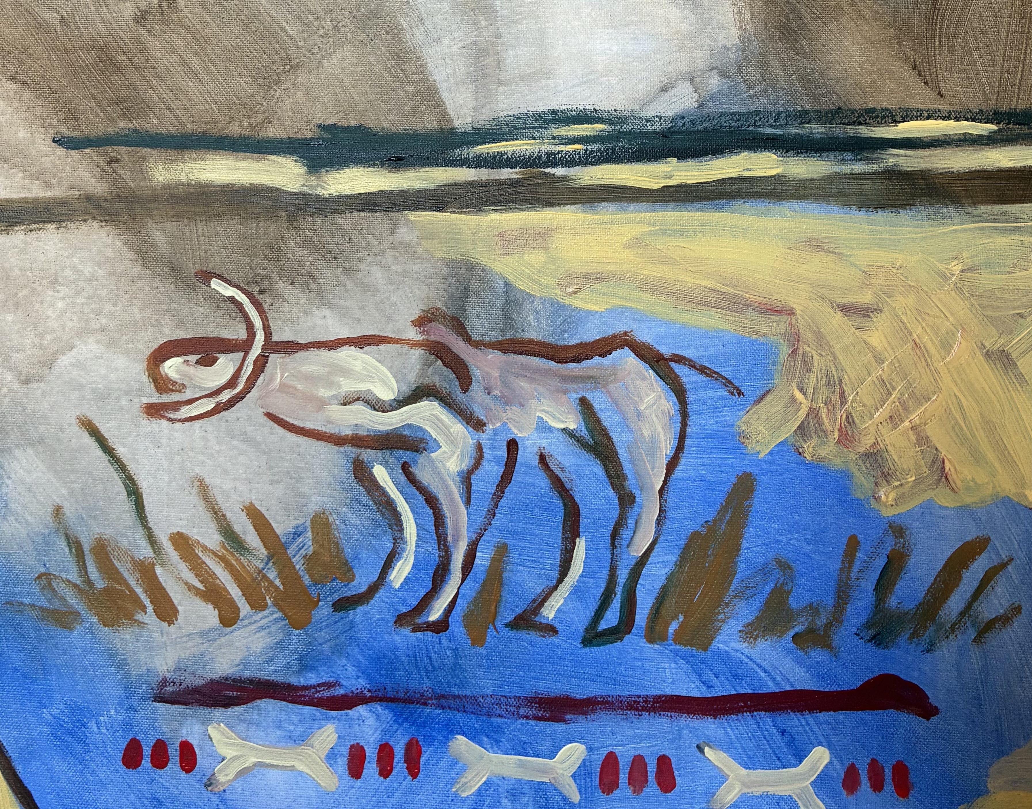 Abstract schilderij van een gehoornd dier (stier/buffel) op blauw, met bruin-witte contouren. Boven abstracte tinten, onderaan botvormen en rode stippen.