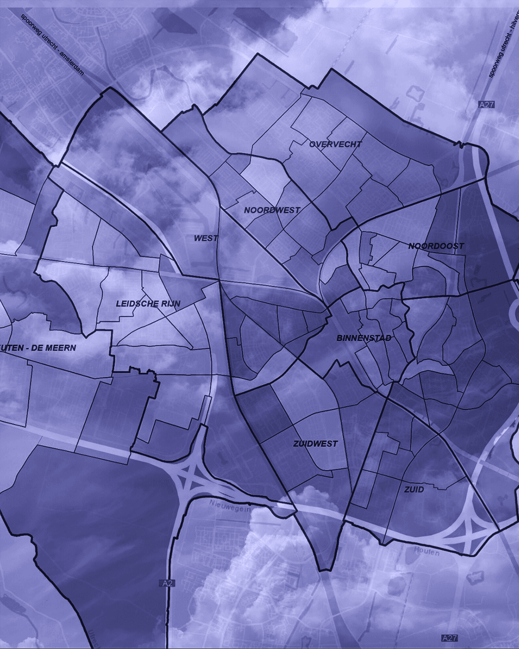 Plattegrond van Utrecht met de wijken Binnenstad, Noordwest, Leidsche Rijn, Zuidwest, Noordoost, snelwegen A2, A27.